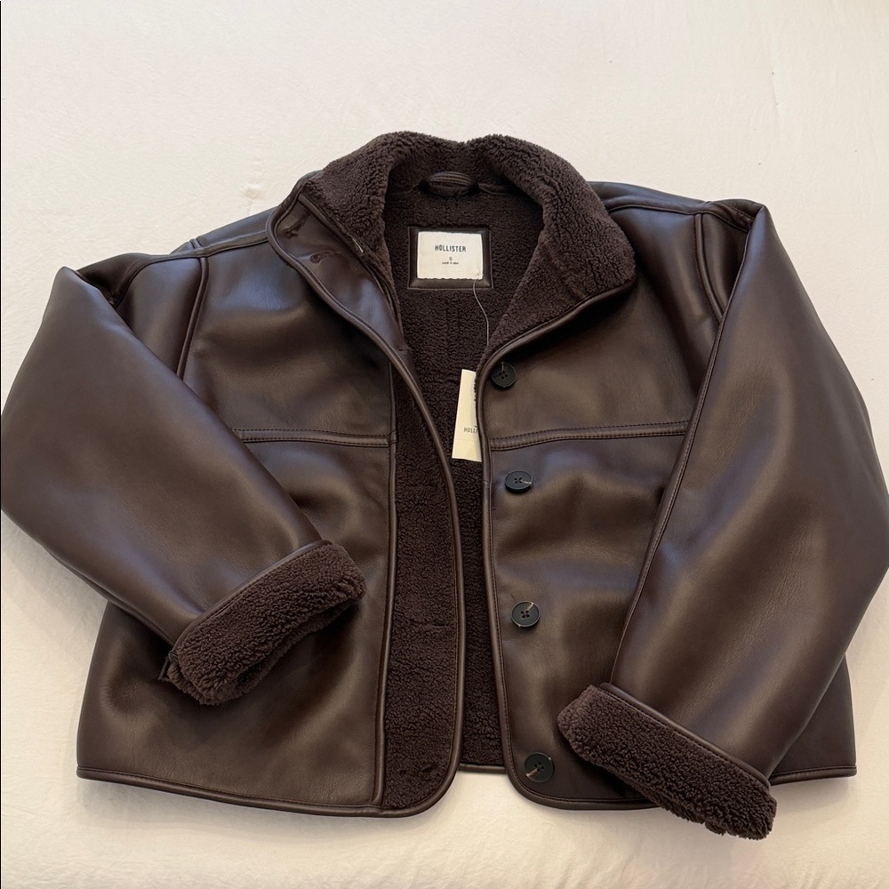 Hollister Brown Faux Leather Jacket with Fleece